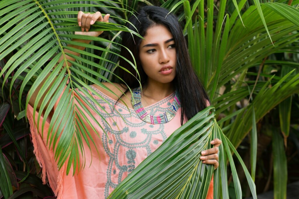 Fashion Portrait Attractive Asian Woman Posing Tropical Garden Wearing Boho Dress Stylish Accessories 1 1024x683