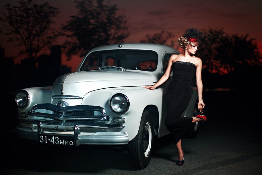 Beautiful Sexy Fashion Blond Girl Model With Bright Makeup Curly Hairstyle Retro Style Sitting Old Car 1 1024x683